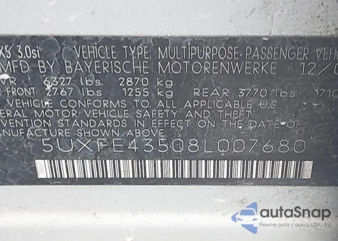 2008 BMW X5 3.0Si from USA, damaged, VIN 5UXFE43508L007680